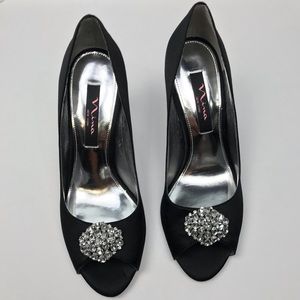 Nina Black Satin Rhinestone Open Toe Pumps Heels